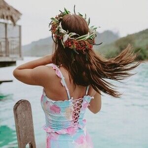 RAD Swim Betsy Smocked Pastels Multi Water Colors Lace Up Back Tankini M